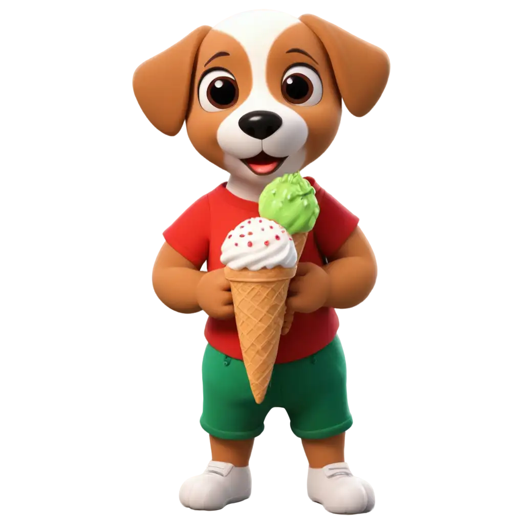 Cute-Dog-in-Red-TShirt-and-Green-Pants-Holding-IceCream-HighQuality-PNG-Image-for-Multiple-Uses