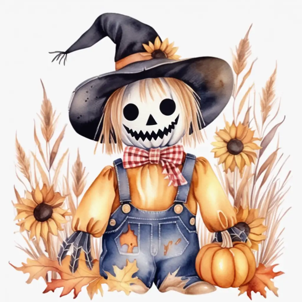 Aesthetic Watercolor Halloween Scarecrow Art