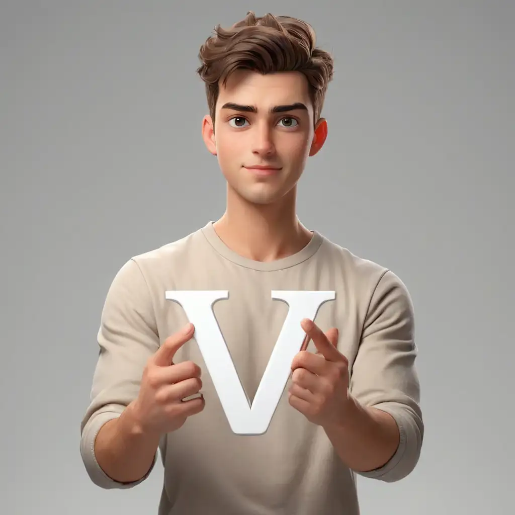 beautiful young man 25 years old shows with his hand letter V 3d animation