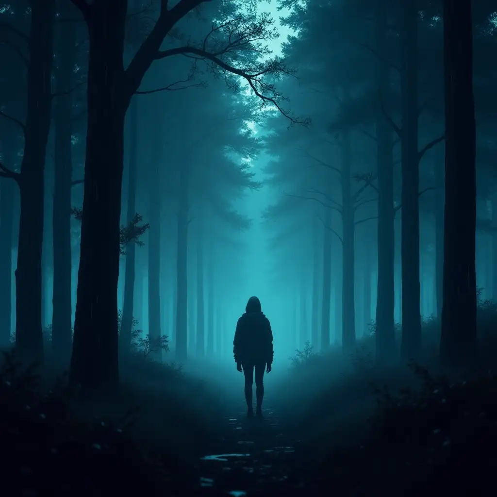 A lone figure silhouetted against a bioluminescent forest at twilight, rain falling softly