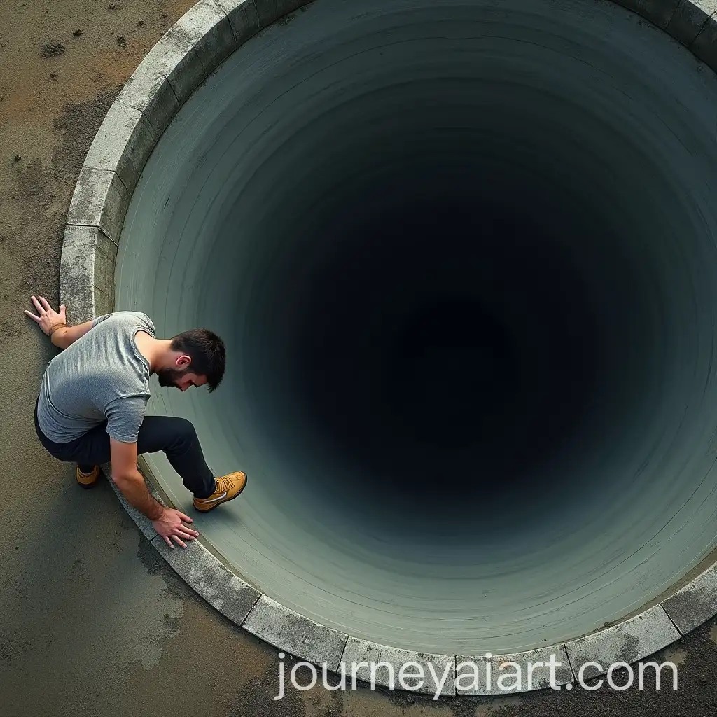 Man-Clutching-Edge-of-Large-Funnel-Avoiding-Fall