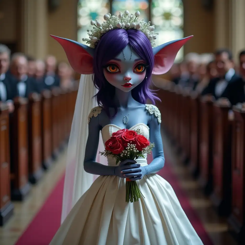 Female Goblin in a wedding dress with Dark purple Hair, Orange eyes, Navy blue skin, royal red lips. walking down the isle with a gothic bouquet in a large chapel.