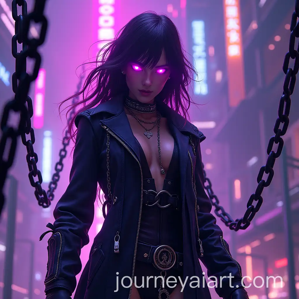 Cyberpunk-Neon-Warrior-Surrounded-by-Chains-in-a-Pulsating-Cityscape