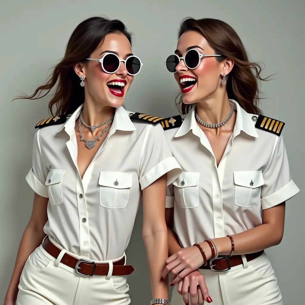 two White glamour ladies, wearing an white pilot uniform shirt, top buttons undone,laughing with her mouth open, red lipstick accentuating her smile, accessorized with a stylish belt, holding a leather whip, jewerly, white skin, wide hips, pilot sunglasses, l HD, photo-realism