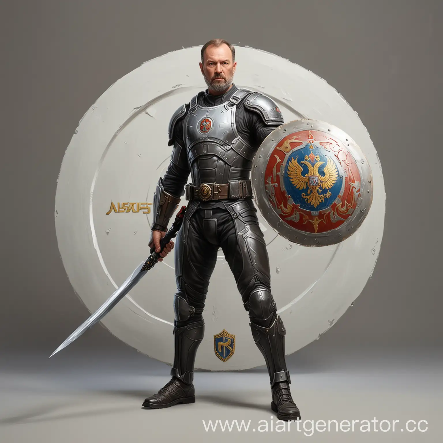 professional painting acrylic: modern Russian 45-year-old man stands in quarter turn: in left hand holds laser sword, on right hand circular shield (on shield logo 'HS vs AI'), round small shield with logo 'HS vs AI' in hand he covers torso, full length, medium plan medium angle from bottom