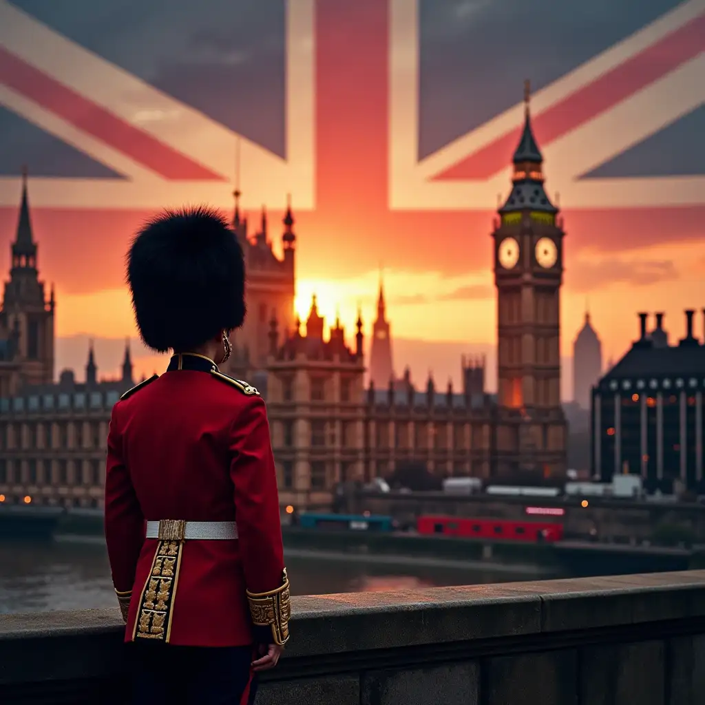 London skyline, with union jack in the background like a sunset, a mean looking palace guard in the foreground.