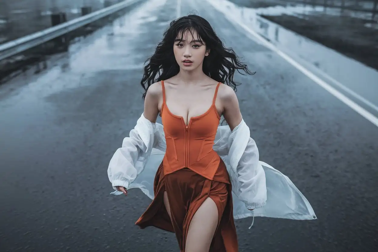 Early-Morning-Road-Scene-with-Asian-Woman-in-Elegant-Red-Dress