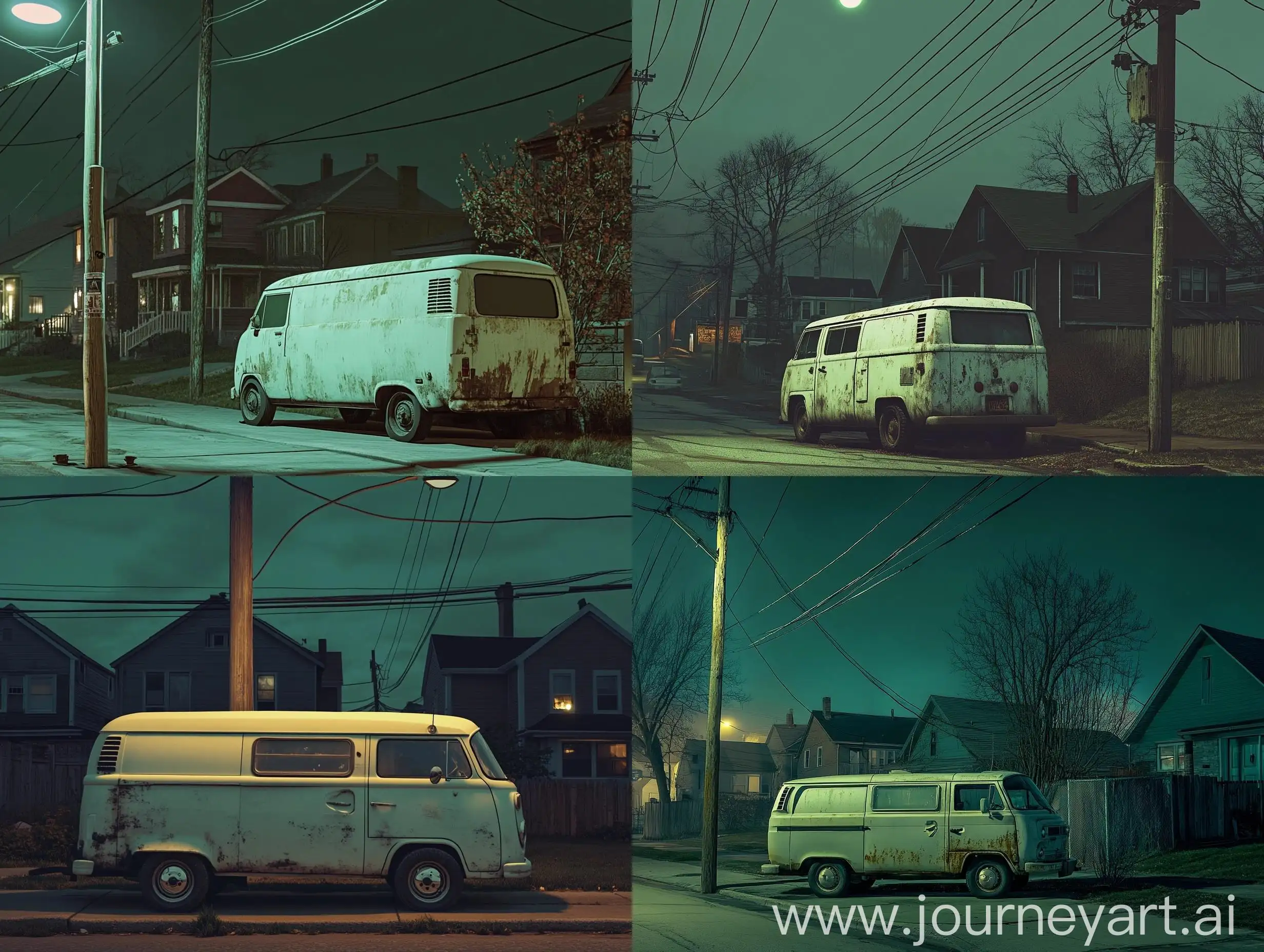 Quiet-Suburban-Night-Vintage-White-Van-Under-Streetlights