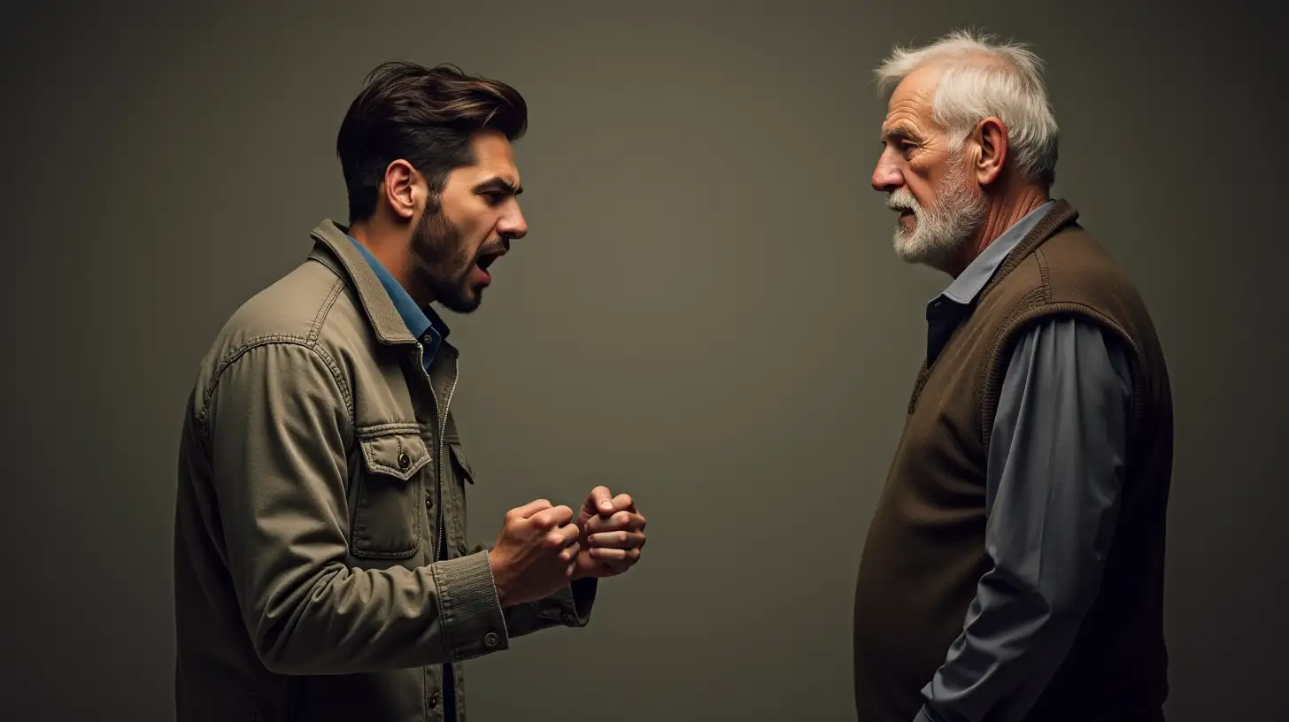 Young Man Confronting an Elderly Figure in a Tense Exchange