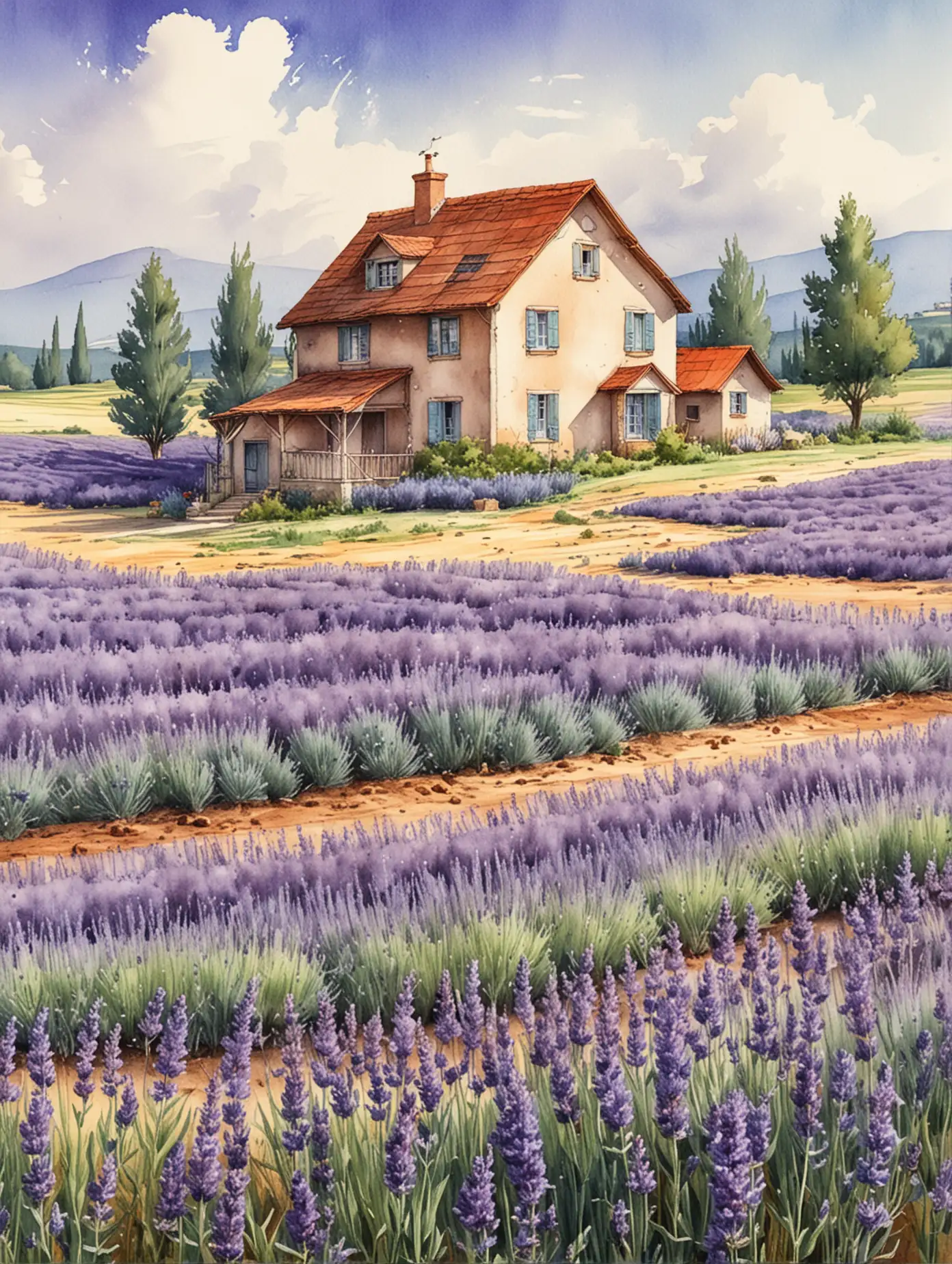 Lavender-Field-with-a-Cozy-House-in-Watercolor-Sketch