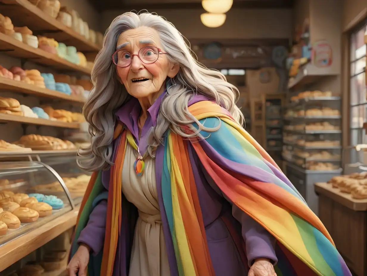 An elderly woman with long hair, not wearing glasses, dressed in a rainbow-colored cloak, walking into a bakery, 3d disney inspire