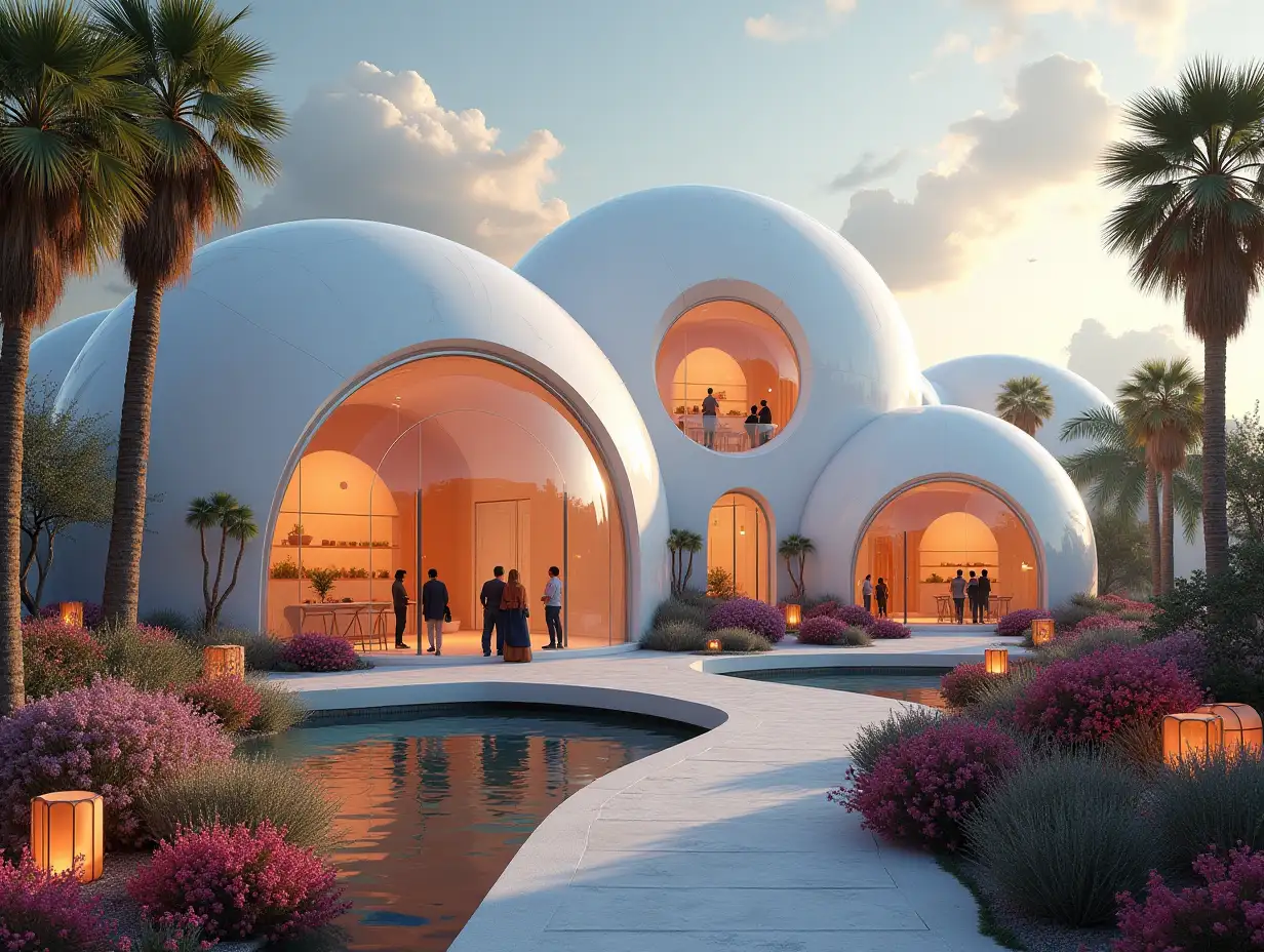 Create a high-resolution, realistic panorama image of a futuristic bubble palace with window bridge, one with people, many plants and colorful flowers White and Orange facades in front of sidewalk glowing lanterns of the desert oasis, big trees, very cloudy sky