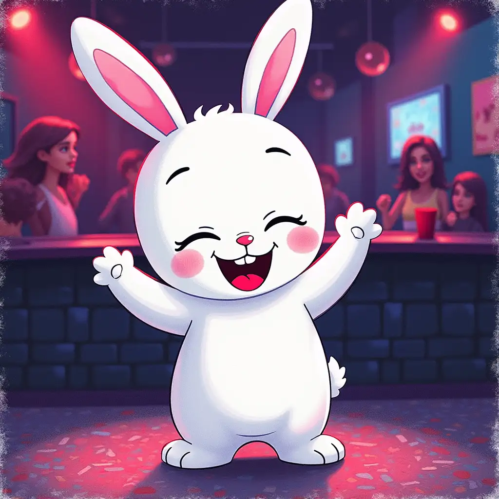 a picture that looks like it was drawn with a colored pencil on a piece of paper. The lines are not too smooth, and the texture of the paper is visible. The picture shows a white humanoid happy rabbit, a large head, a cartoon view in the style of South Park. He's dancing in the night club