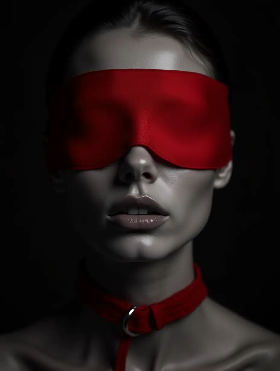 Fascinating close-up portrait black and white and red photograph of a wonderful and beautiful woman with a red blindfold around his eyes and a red dog collar with leash around the neck . The image stands out with its minimalist approach, emphasizing the model's natural beauty and elegance. The photography style is inspired by avant-garde fashion, with a touch of fantasy and intricate details. Dramatic lighting creates intense contrasts and accentuates the facial features, generating a captivating atmosphere. The use of black on black adds an element of mystery and sophistication to the image. Every detail has been carefully captured, resulting in an extremely detailed and high-definition photograph. The quality of the photography is exceptional, ensuring a faithful representation and a high-quality image. In summary, this portrait photograph combines minimalism, avant-garde fashion, and a conceptual touch, offering a captivating and artistic representation of feminine beauty.