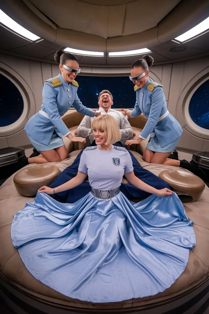 Luxury-Spaceship-Lounge-with-Laughing-Man-and-Women-in-Futuristic-Military-Uniforms