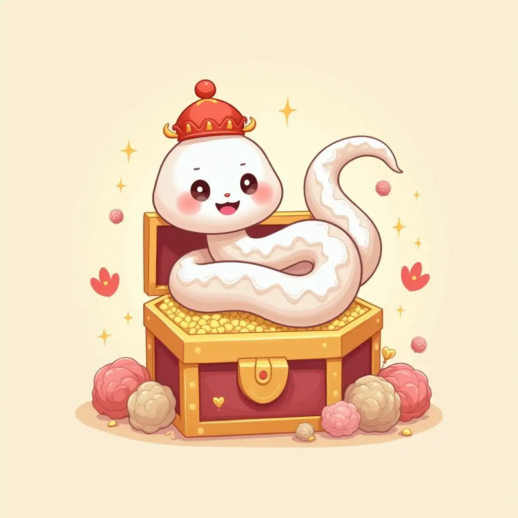 user_prompt: using cute white snake and Seven Lucky Gods image prompt for mobile (aspect ratio 9:16). Cute anime style, pastel color, high detail. White snake with sparkling eyes wears a small red hat and coils around a treasure chest, looking happy. Seven Lucky Gods sit on the treasure chest with distinct adorable appearances and cheerful smiles. Simple background with slightly shiny, New Year's atmosphere.