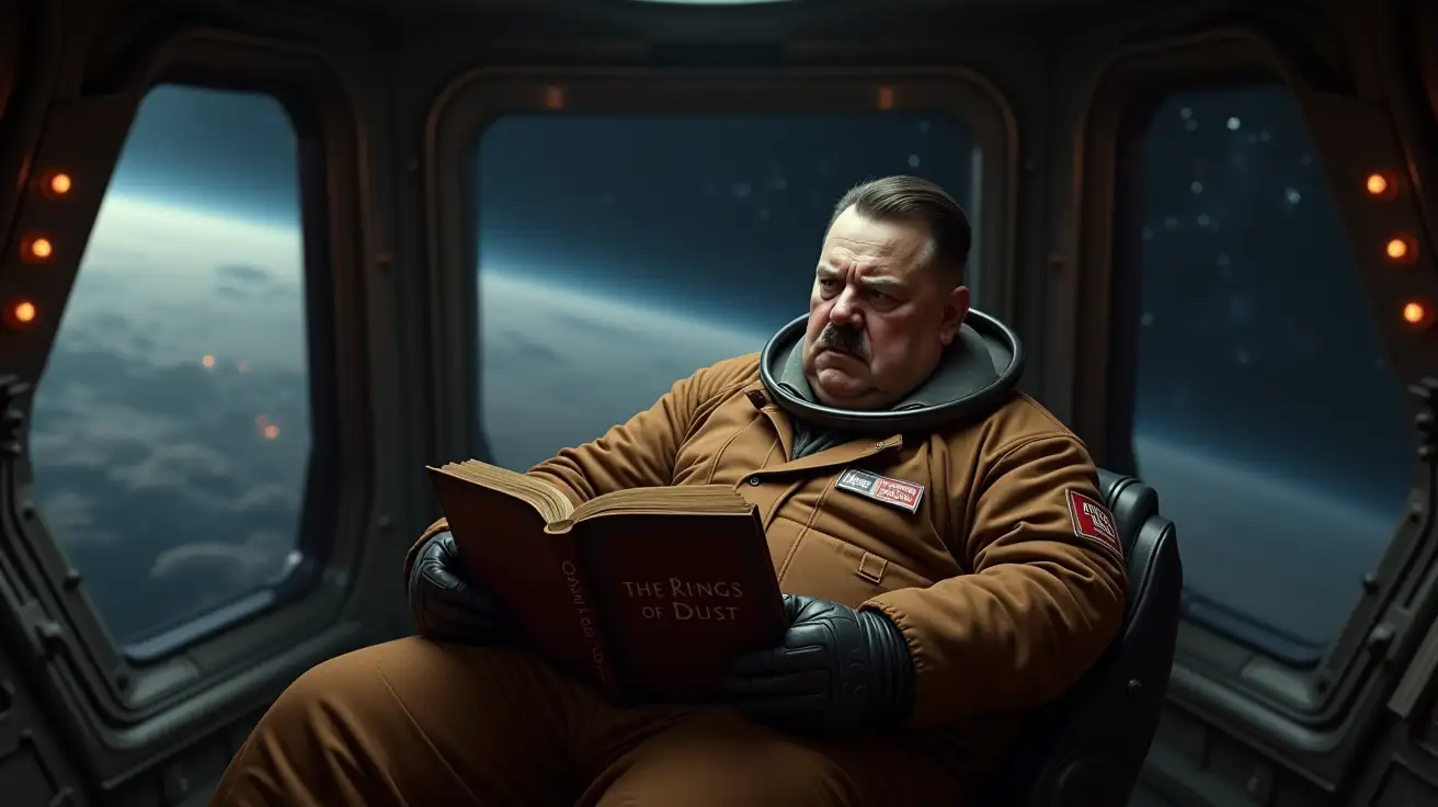 Obese-Angry-Adolf-Hitler-in-Space-Suit-Reading-The-Rings-of-Dust-in-Dark-Gloomy-Spaceship