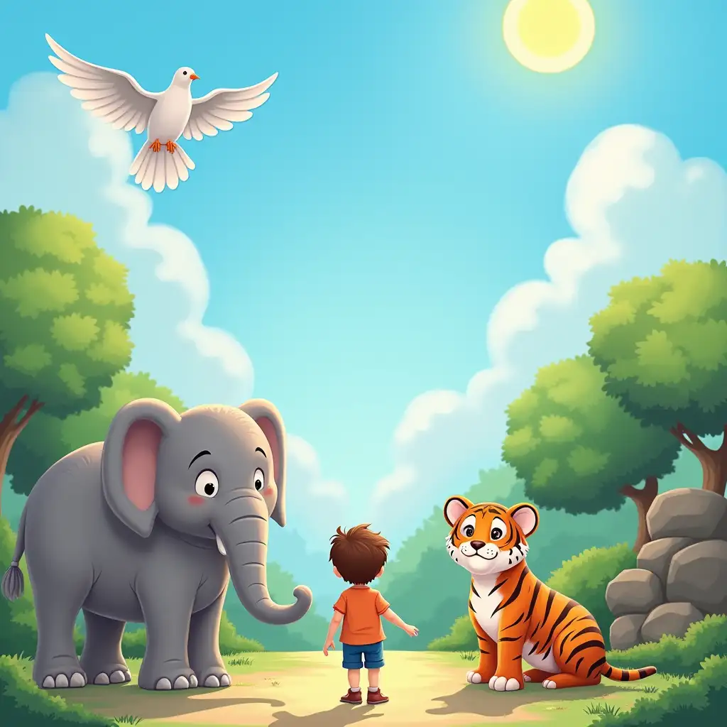 a child who goes to the zoo, sees an elephant, a tiger, a dove, blue sky, shining sun