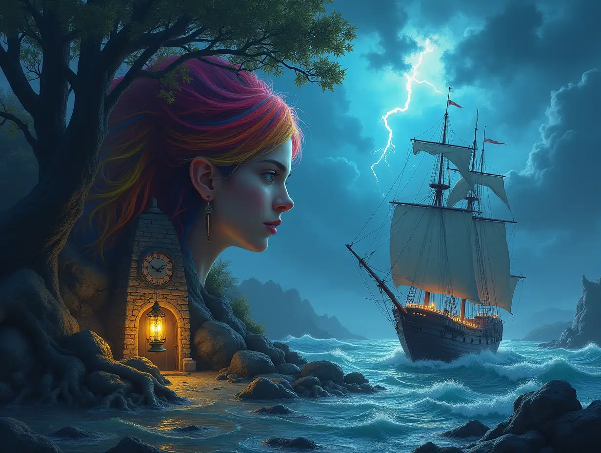 When creating a digital painting, a face with rainbow hair transforms into a building with stones and lighting. Trees with roots and rocks and lantern by the sea, with big clock hands. Sailing ship with lanterns and a very large kraken. Very large waves and strange lightning