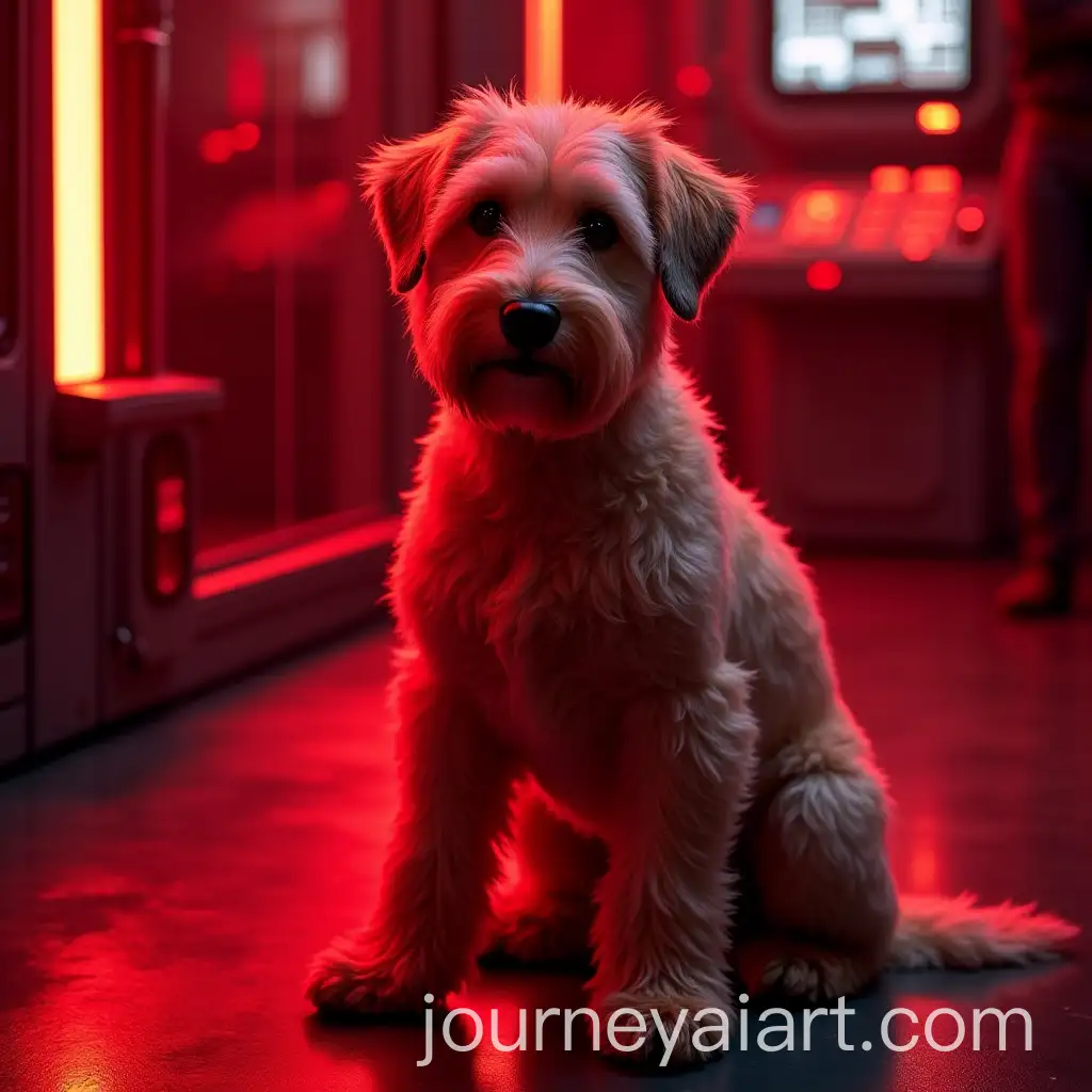 Futuristic-Wheaten-Terrier-in-a-Cyberpunk-Command-Room-with-Glowing-Red-Neon-Light