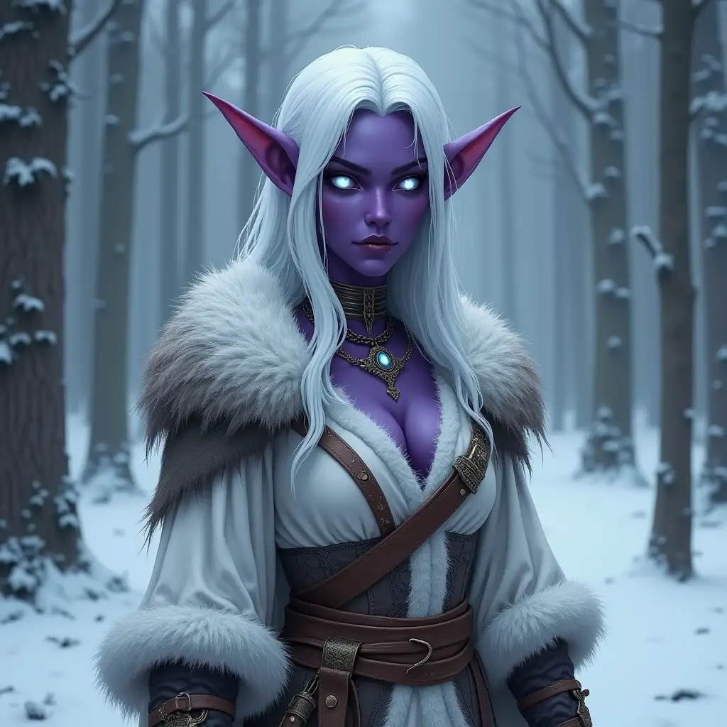 Evil adult dark elf, with dark purple skin and white eyes without pupils, she has a large chest, with long thin ears, she has white hair, in winter peasant clothing of white color adorned with skins, against the background of a snowy dense forest, in the style of warcraft