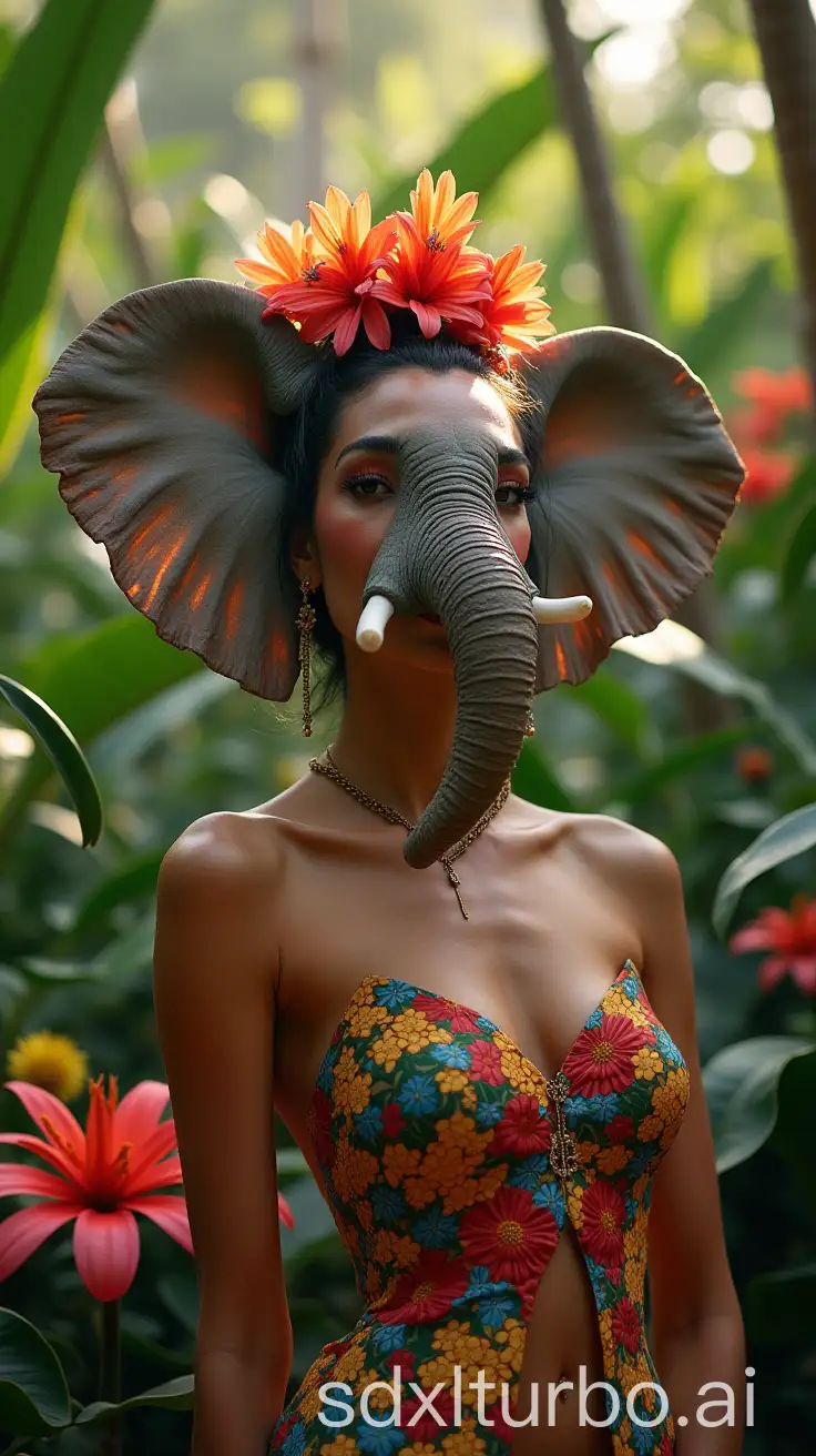 Elegant-Woman-with-Elephant-Features-in-a-Tropical-Paradise