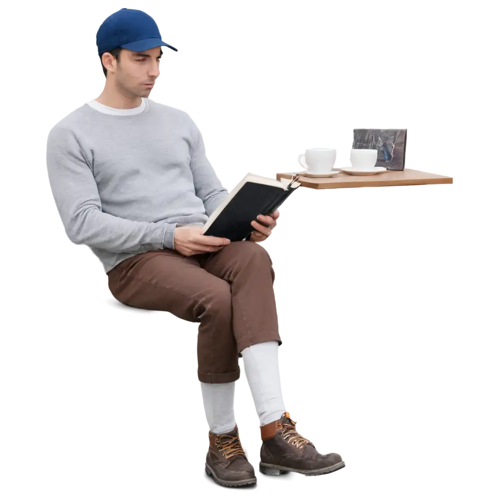 man reading book with cap and drinking coffee