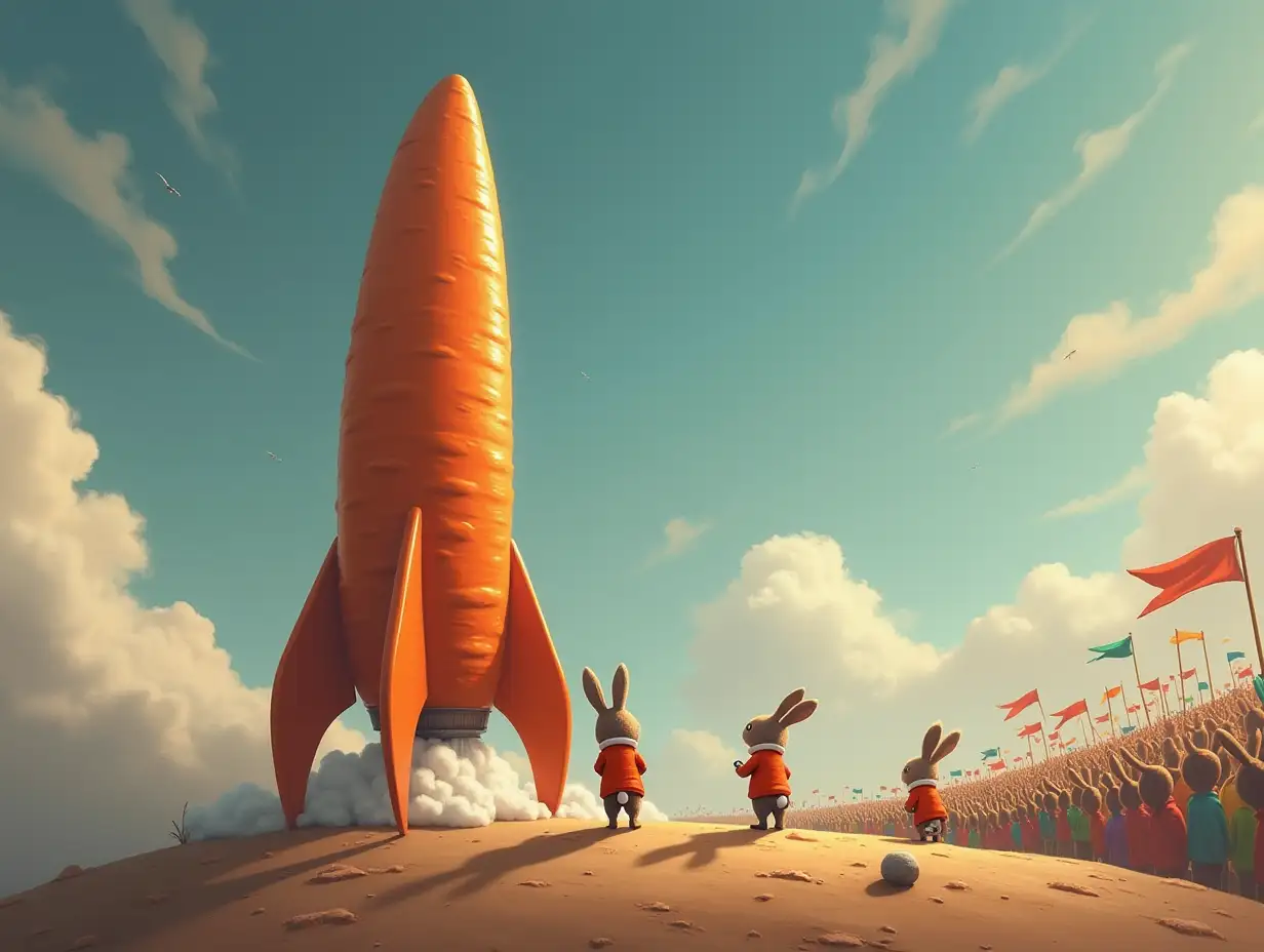 Stands a robust rocket in the shape of a carrot, standing on earth with its thick end. Three rabbits in space suits are standing next to it, looking dramatically at the rocket. In the distance, a crowd of rabbits with flags and colors welcomes astronauts.