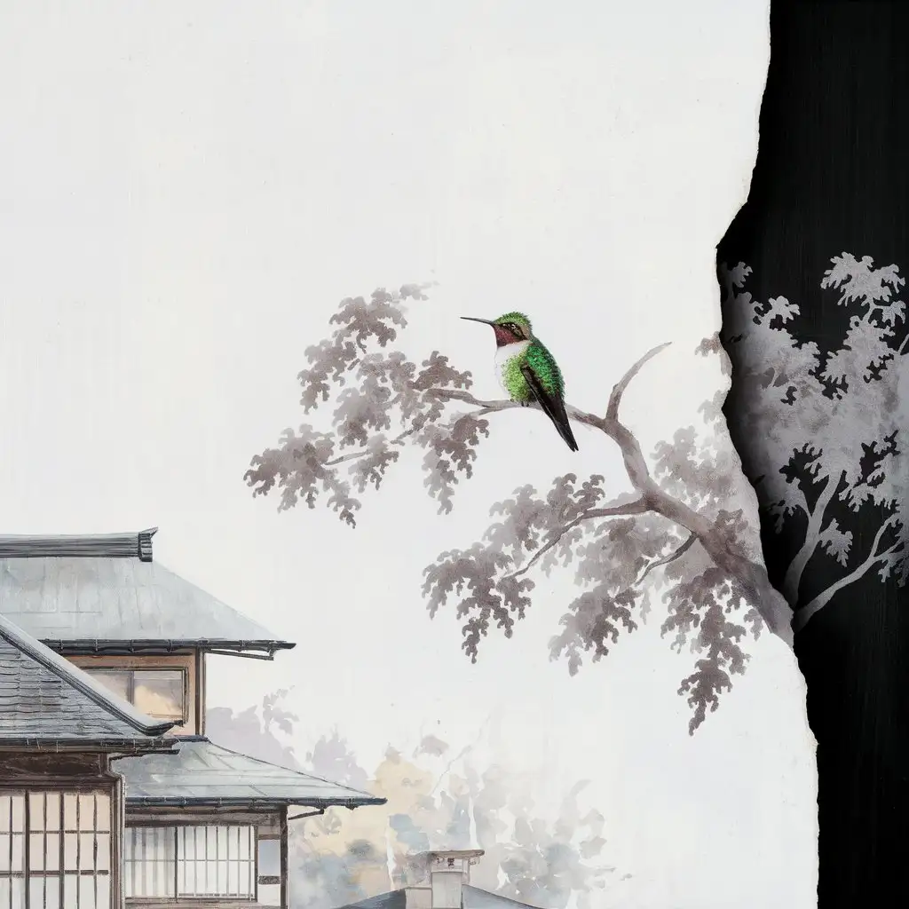 White background. Ebony on the side. A hummingbird is sitting on a tree. Japanese buildings in the background