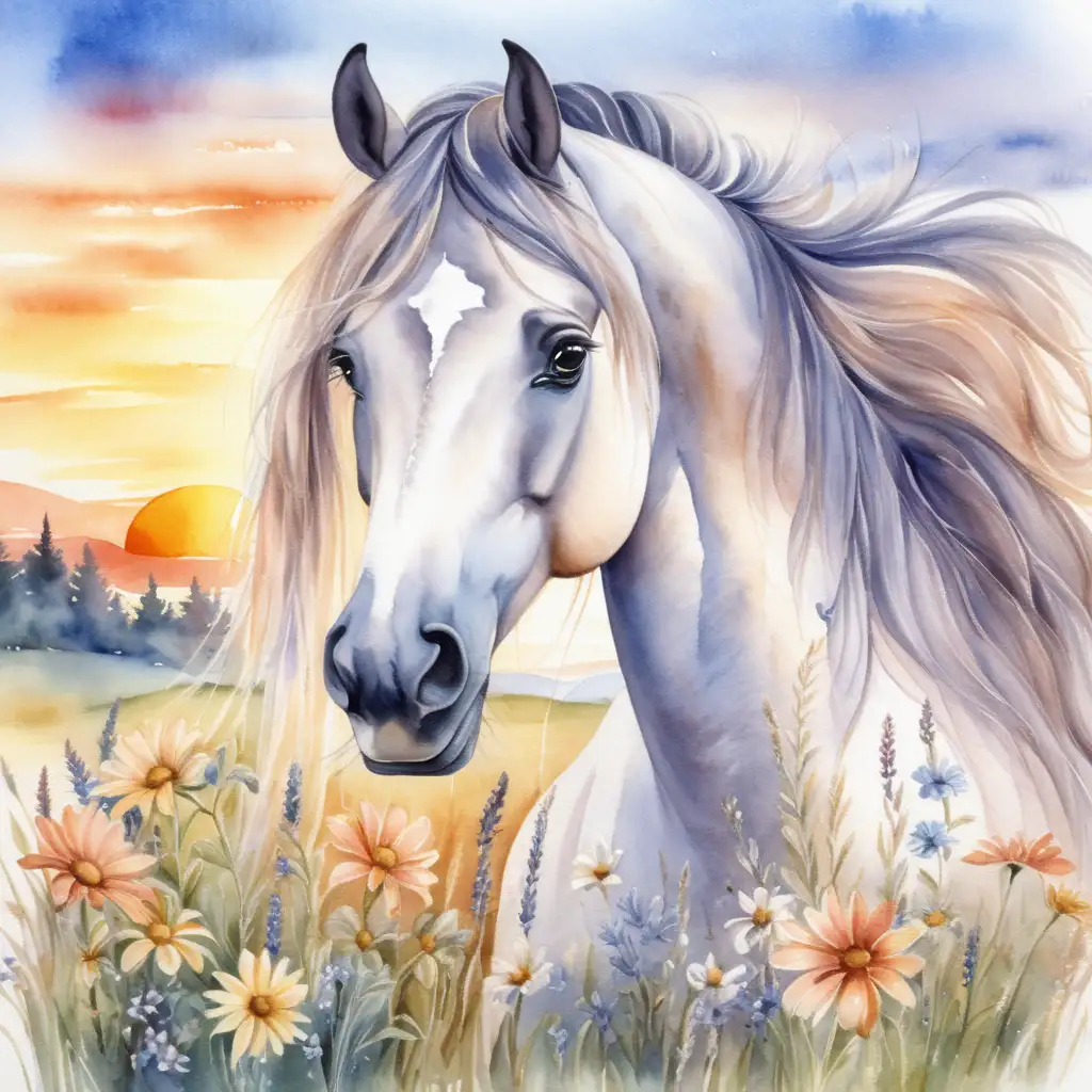 Majestic Horse with Flowing Mane in Sunset Meadow Watercolor Art