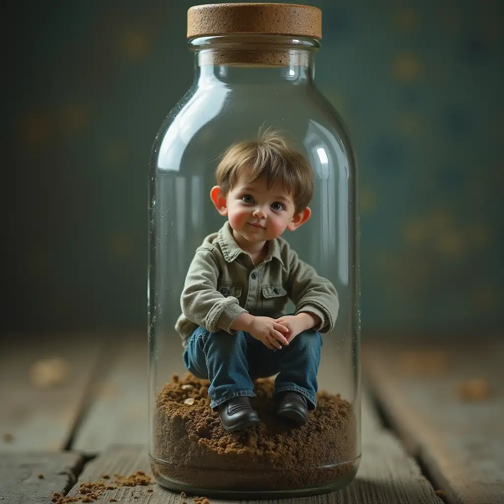 Realistic picture of a little man sitting inside a bottle facing the camera.