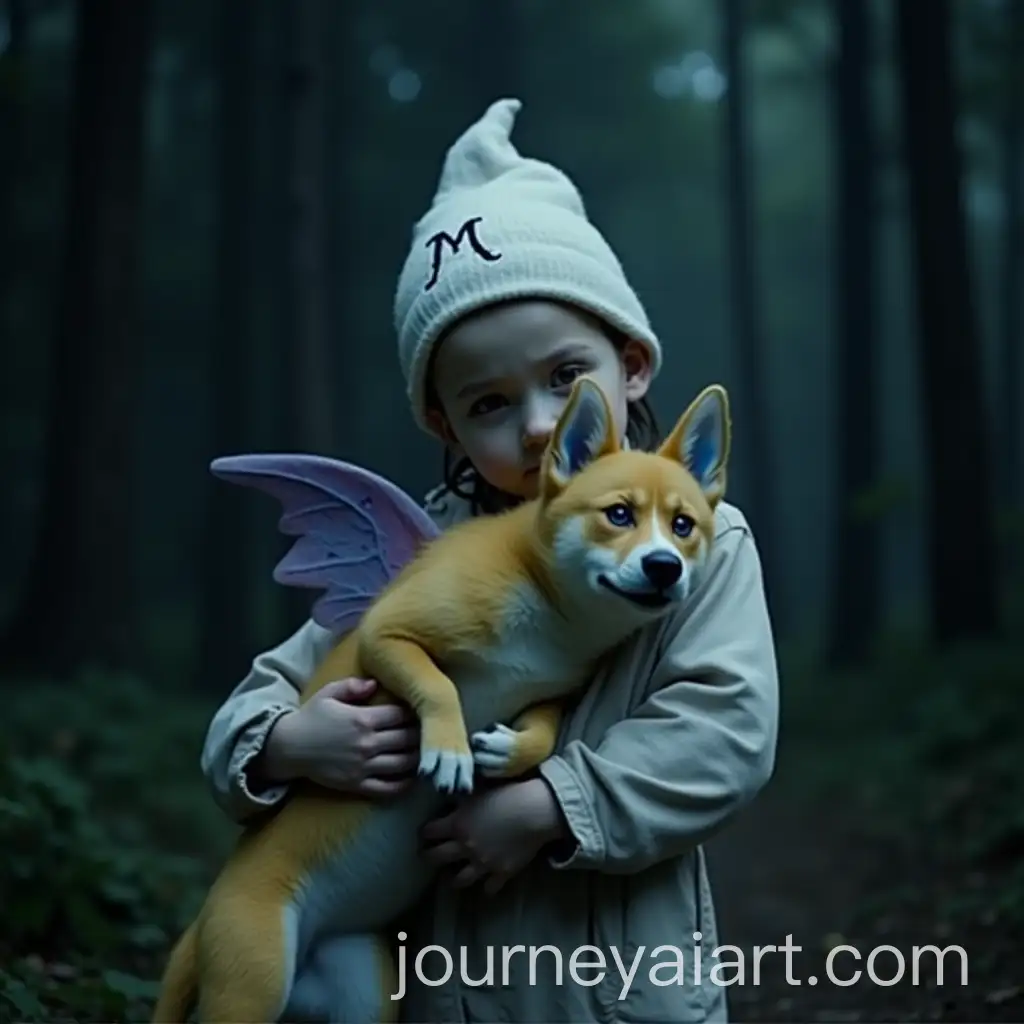 Tiny-White-Character-with-SkyBlue-Wing-Holding-a-Colorful-Dog-in-a-Dark-Forest