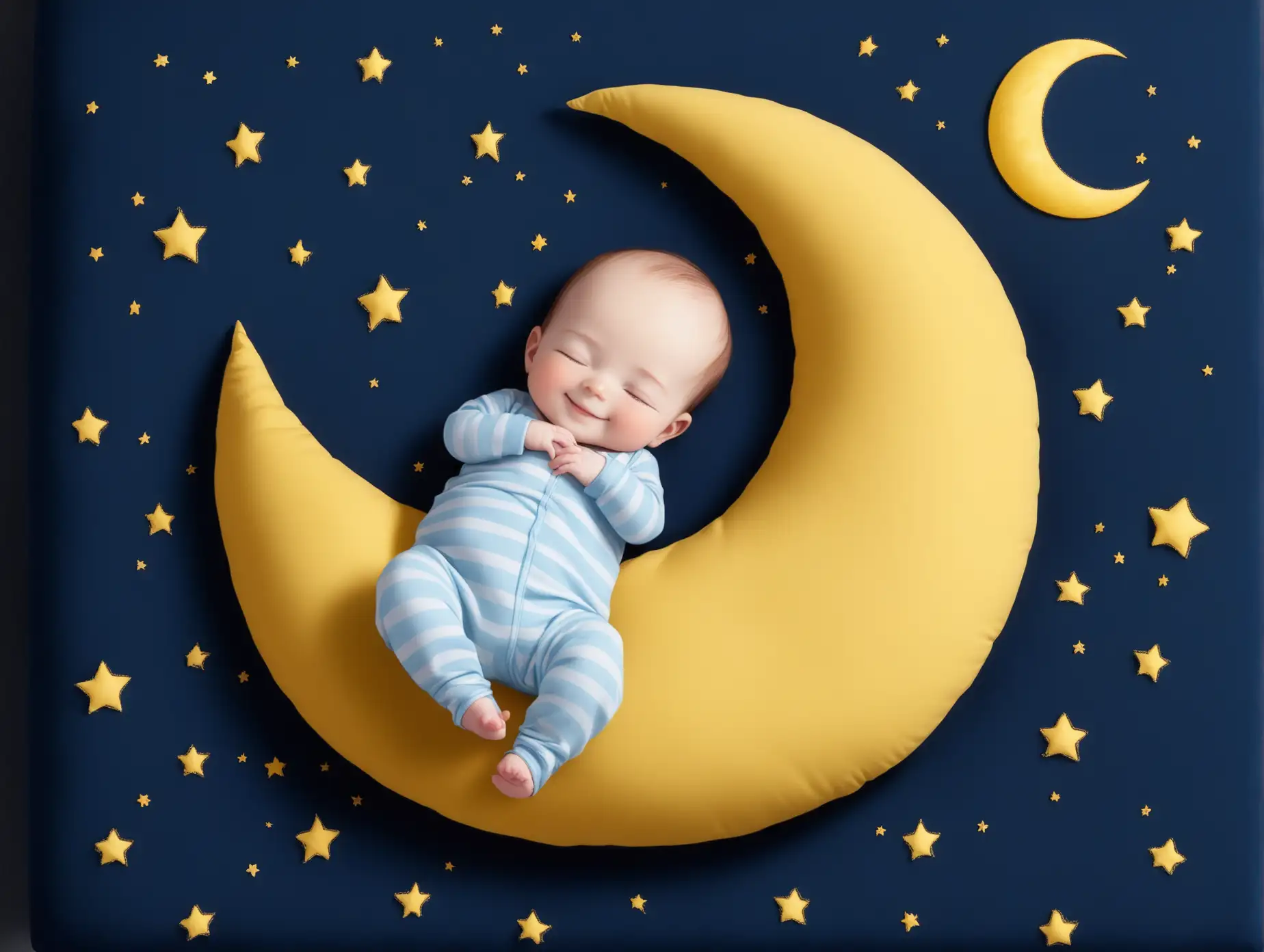 A full-body image of a baby sleeping on a dark blue mattress, happily hugging a yellow moon-shaped pillow, with a smile on their face