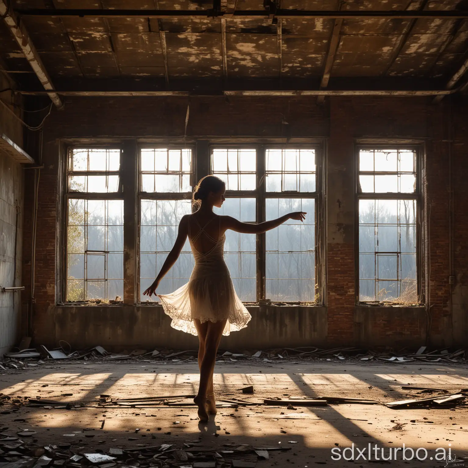 (classic dancer), poised gracefully amidst the ruins of an (abandoned factory), graceful silhouette illuminated by beams of (soft sunlight) filtering through broken windows, atmosphere of (melancholic beauty), intricate details of rusted machinery and peeling paint, forgotten memories encapsulated in the environment, (highly detailed), capturing a blend of elegance and decay.