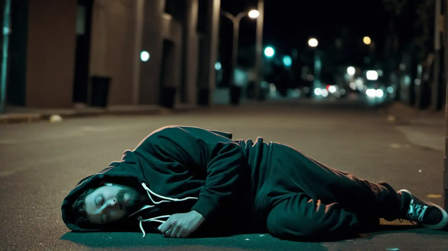 Man Sleeping on Sidewalk at Night