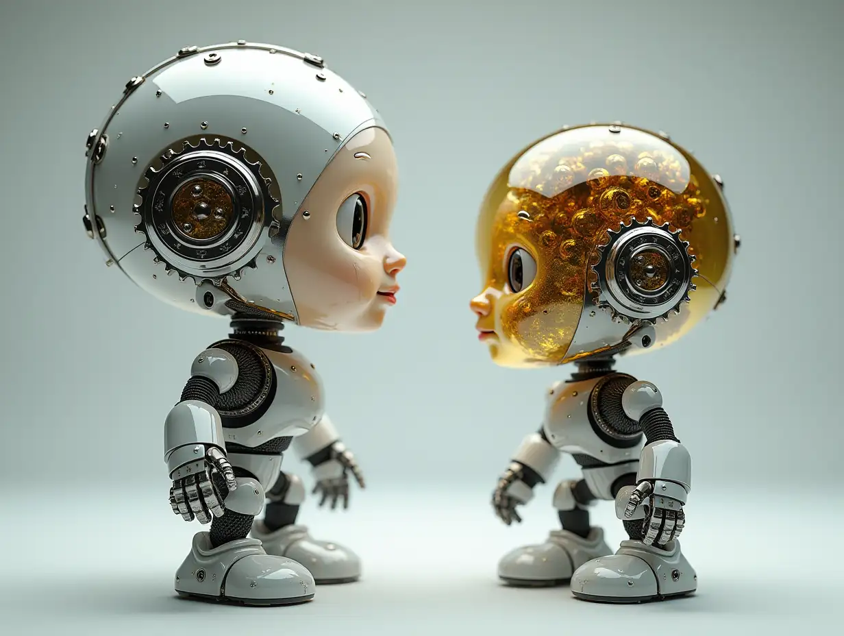 Create a high-resolution, realistic image of artificial intelligence: Robert, two meters tall and a robot one meter tall, with gears on arms and legs, gears on cheeks and a glass head with visible golden plating brain, screws with many gears and many small glass marbles on the photo studio floor at 4-k resolution