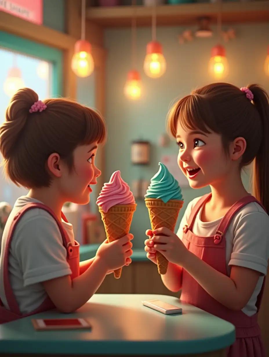 Happy customers in a cozy ice cream shop, enjoying colorful, delicious ice creams. Cinematic lighting، Ultra photoreal، Ultra detailed