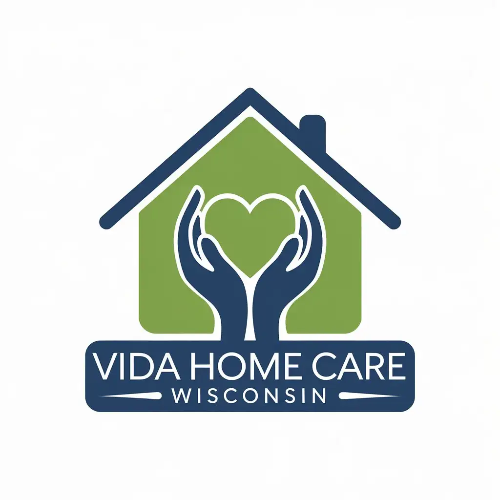 LOGO Design for Vida Home Care Wisconsin Green and Blue Minimalist Theme with Home and People Symbols