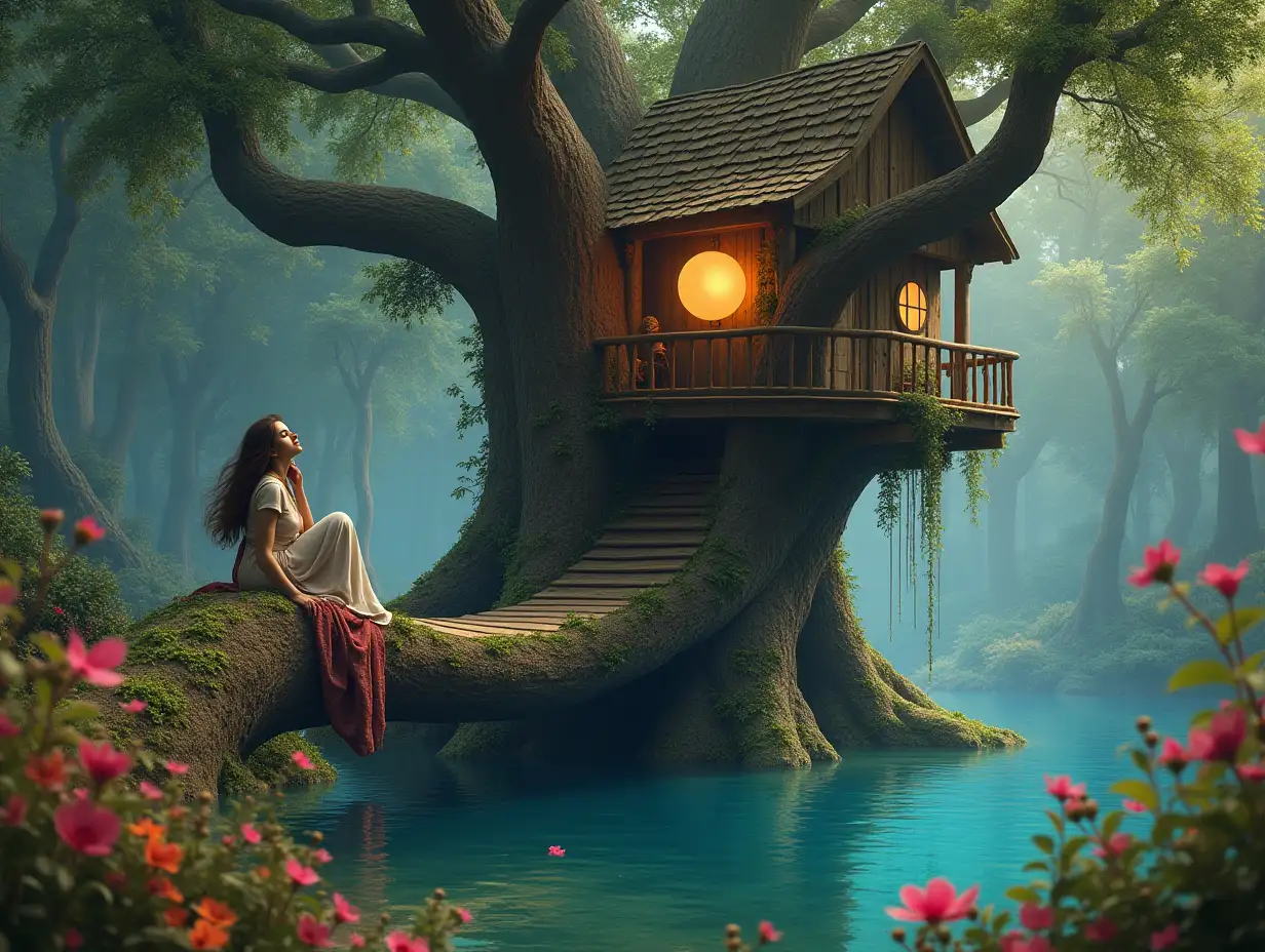 Ultradetailed hyperrealistic photo-realistic portrait of a woman sitting on a big tree with glowing ball in a dreamy lake with a big treehouse with many tall trees and many colorful flowers and colorful plants Texture, surfaces and lighting, to give depth, dimension and a colorful photorealistic appearance.