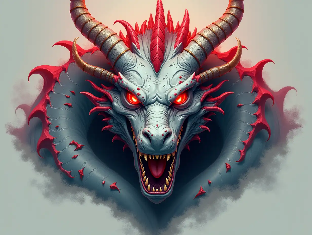 logo, gaming logo, twitch logo. realistic color draw dragon, grey with red and green elements, front view.