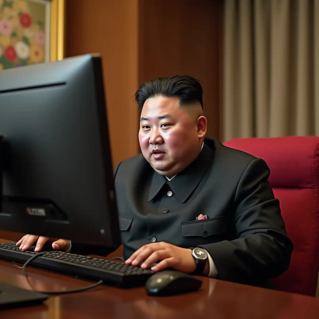 Kim-Jongun-Sitting-at-a-Table-Playing-on-a-Computer