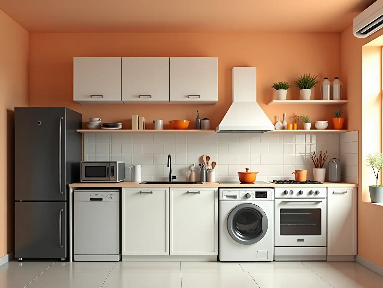 Create a realistic image of a modern kitchen with a clean and organized background. There are closed shelves on the walls, and there's tiling in the back. In a row on the kitchen are home appliances, which include: a refrigerator, washing machine, dishwasher, dryer, oven, stove. The air conditioner is located on the ceiling. The style is minimalistic, light, with warm lighting. Black, orange and white colors are used. There's a lot of space at the top and bottom of the photo.