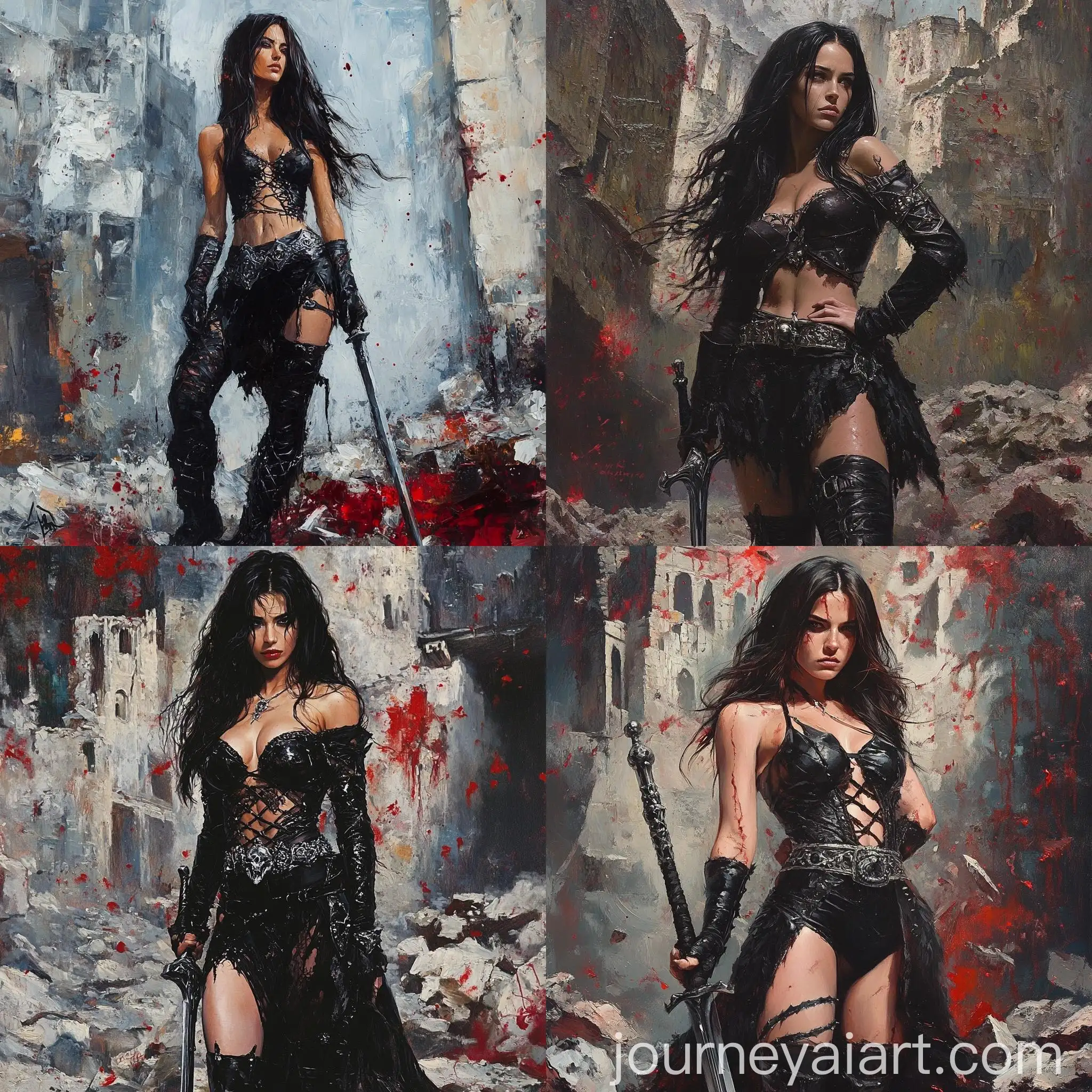 Beautiful-Warrior-Woman-Embracing-Sword-in-Dystopic-Fantasy-Setting