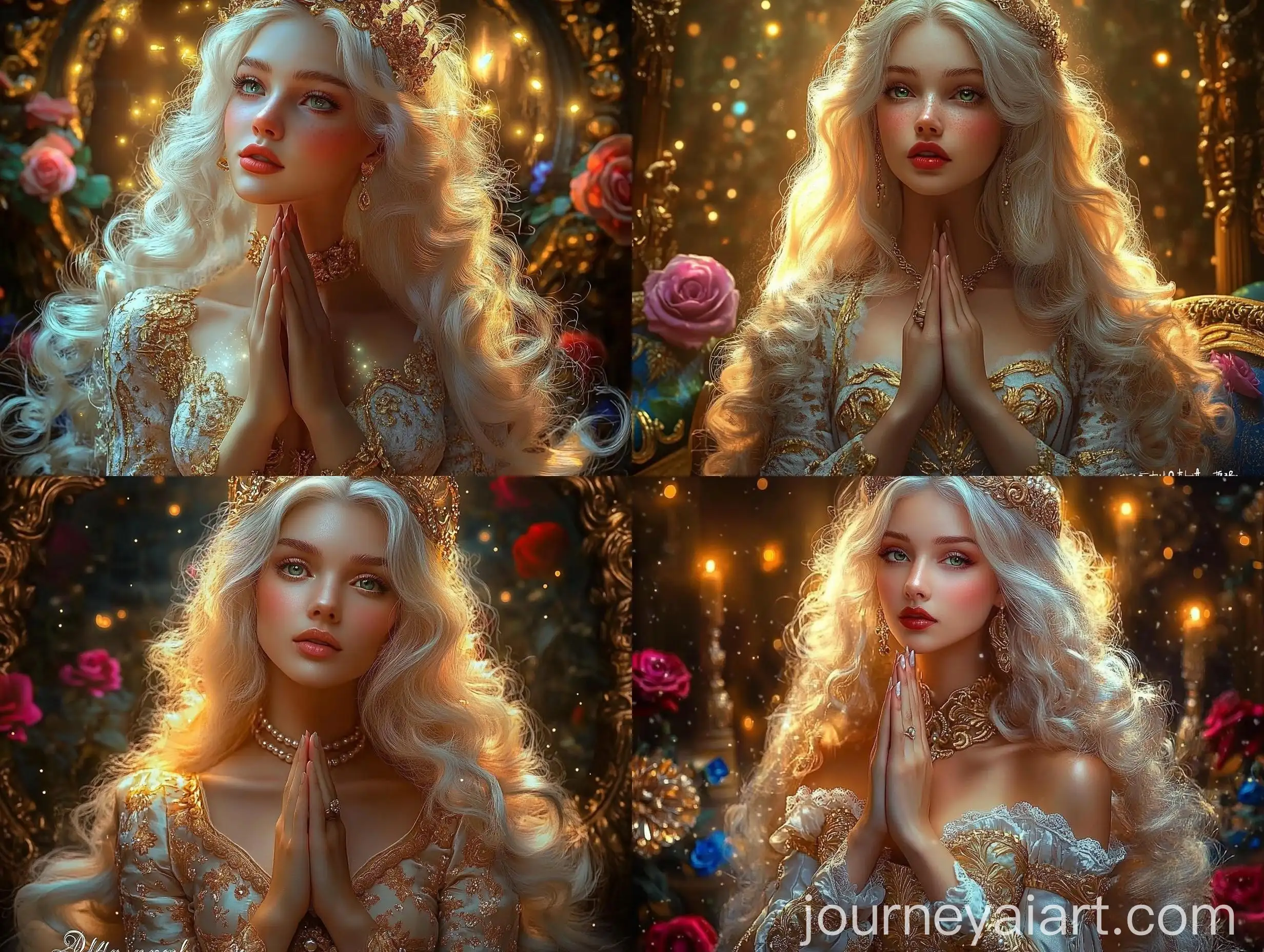 Medieval-Woman-in-Vibrant-Dress-with-Golden-Crown-and-Roses