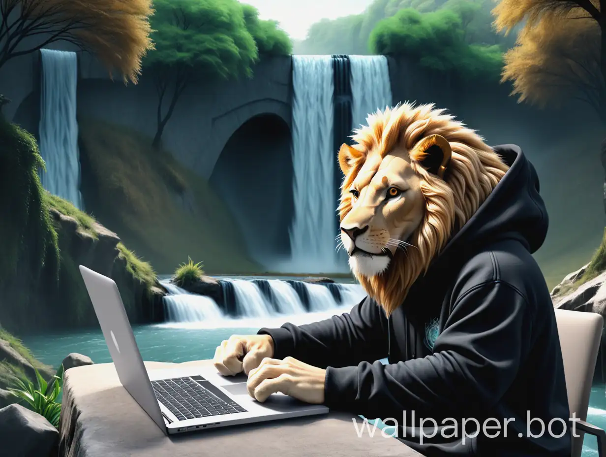 a lion is there behind a laptop doing some work on that laptop. that lion is wearing a black colored hoodie. in the background there is a waterfall and a river is flowing alongside that lion. provide me the front view of this scenario. generate this wllpaper in 4k resolution