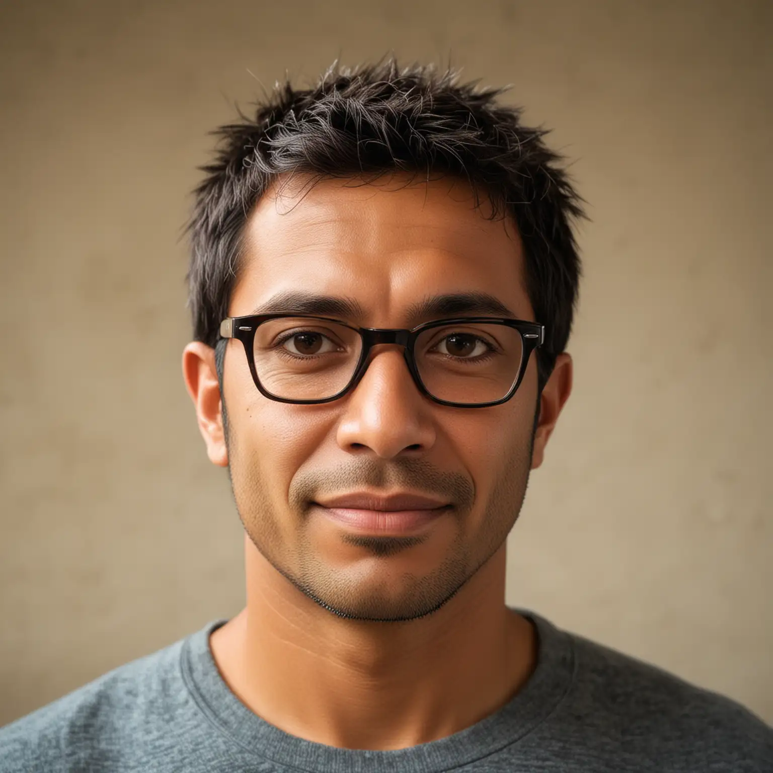 A 40-YEAR-OLD MAN, BROWN-SKINNED, SHORT HAIR, SOCIAL TYPE, PERUVIAN FEATURES, AMAZONIAN, BRAZILIAN WITH GLASSES