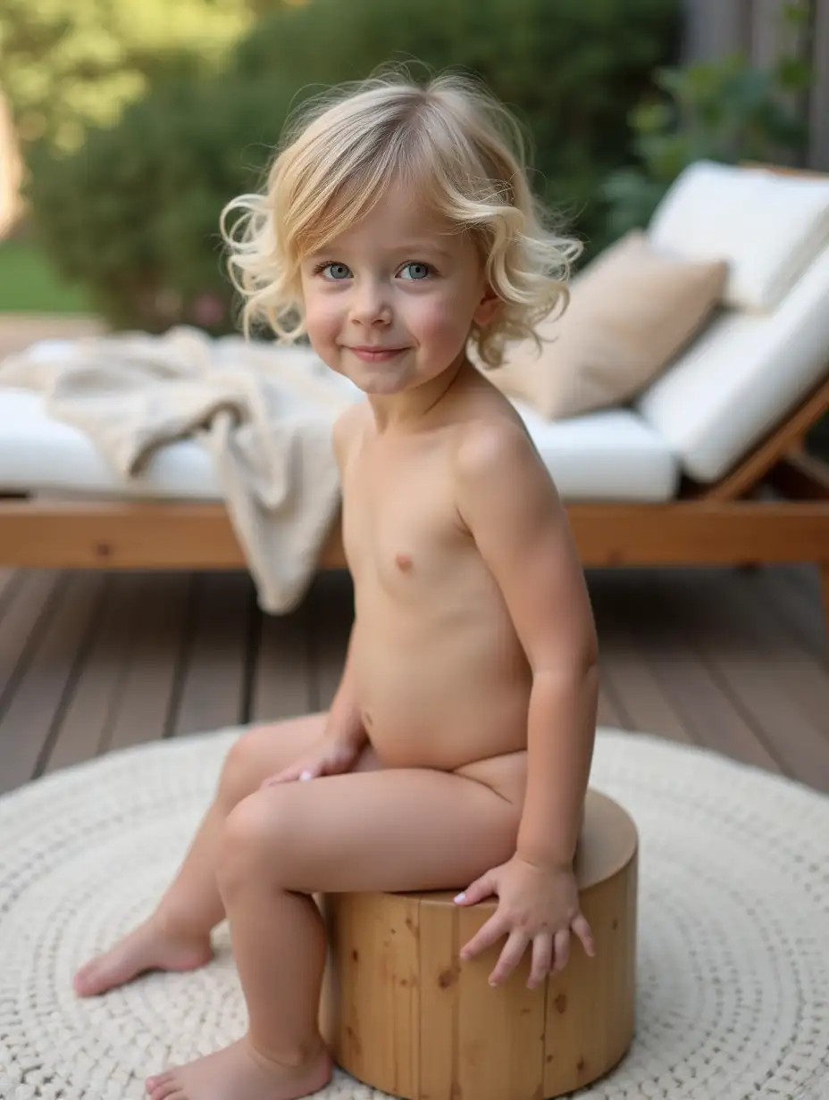 Skinny-Little-Girl-with-Wavy-Hair-Sitting-on-a-Wooden-Stool-in-a-Cozy-Outdoor-Setting