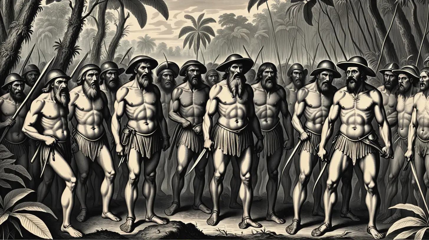 Angry 16th Century Portuguese Conquistadores in Amazon Jungle Engraving Style