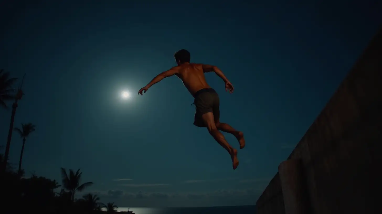 Shirtless Man in Shorts Getting Ready to Jump at Night