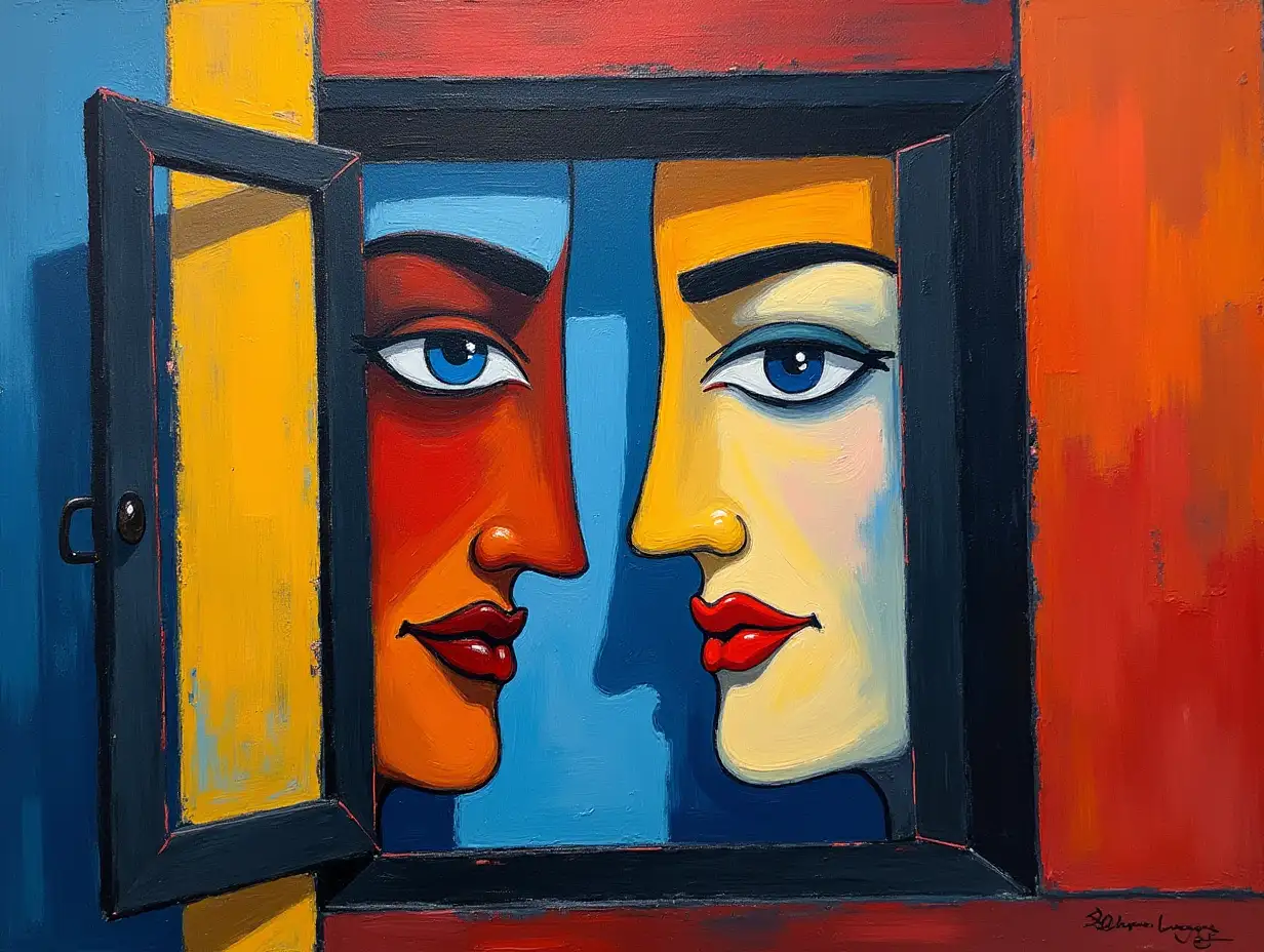 Picture in a grid, two faces by the window in the style of Kandinsky, Malevich, minimalism, simplified for beginner artist with acrylic many colors, constructivism abstractionism, gloomily